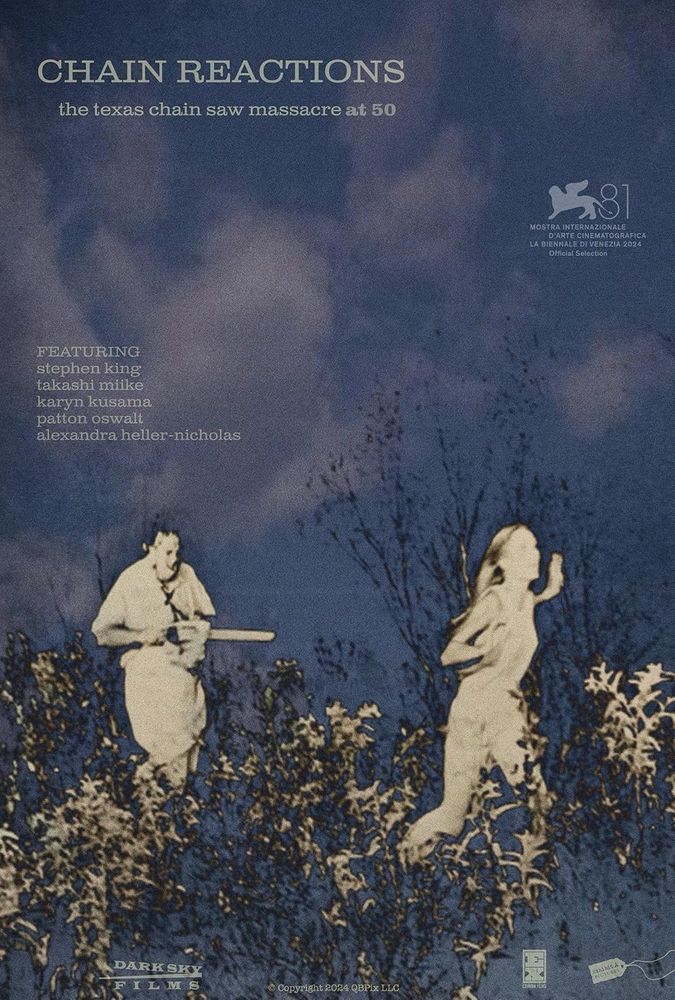 “Chain Reactions: The Texas Chainsaw Massacre at  50” 
A beautiful sky, over top a night vision image of a man in a butchers apron chasing a young woman with a chainsaw through a field.