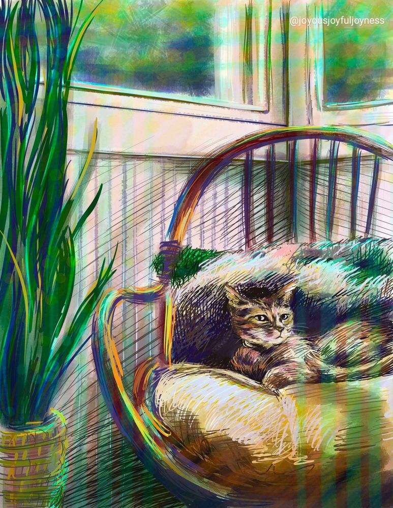 Painting of a cat lounging in the sun on a comfortable chair. To the left is a plant and above the chair are two windows. The @joyousjoyfuljoyness watermark is at the top right.