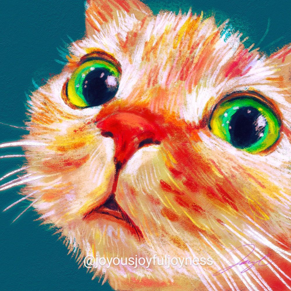 Painting of a ginger cat with large sparkly green eyes looking vacant. The artist's signature and @joyousjoyfuljoyness watermark are at the bottom.