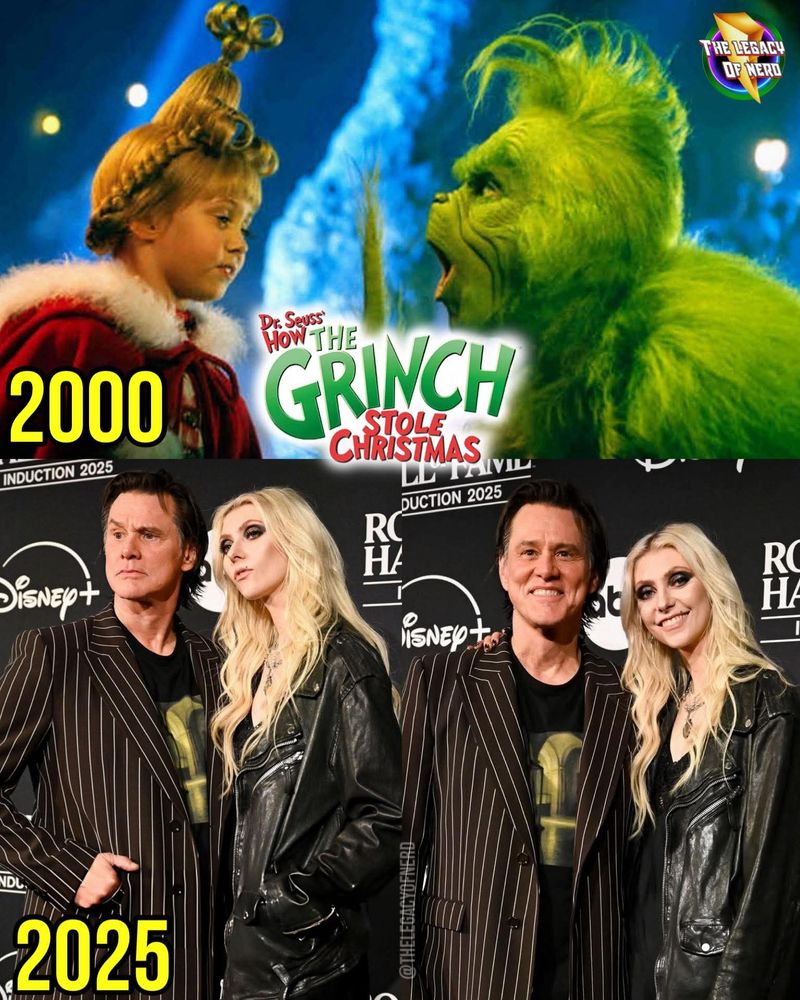 Taylor Momsen & Jim Carrey seen in 2000 as their characters from How The Grinch Stole Christmas & again as themselves in 2025