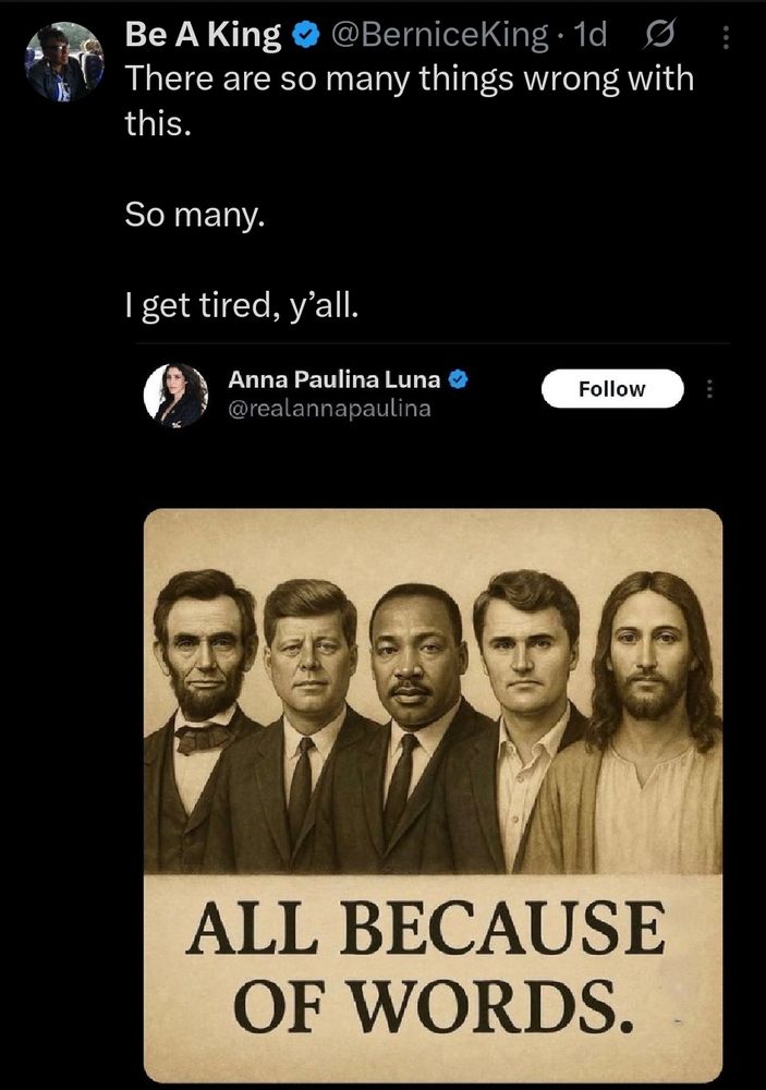 Dr King's daughter published a Tweet saying "There are so many things wrong with this..." above a photo of Lincoln, Kennedy, King, Kirk, & Christ standing shoulder to shoulder.