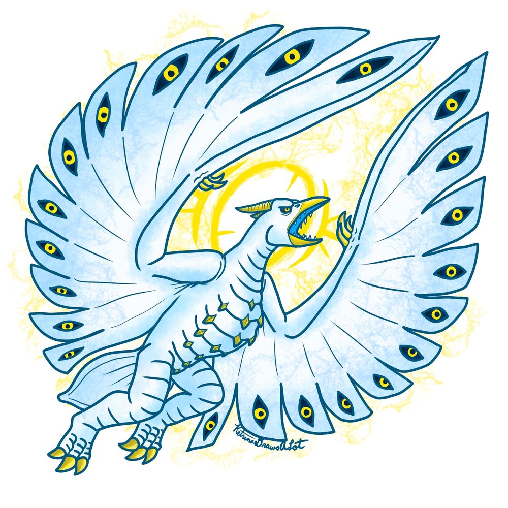 A white Rodan with a golden halo and eyes on its wings