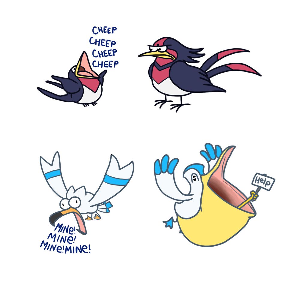 Taillow and Wingull families of Pokemon
Taillow cheeps loudly for food
Swellow looks at Taillow disapprovingly
Wingull is a seagull from Finding Nemo
Pelipper definitely isn't eating its passenger
