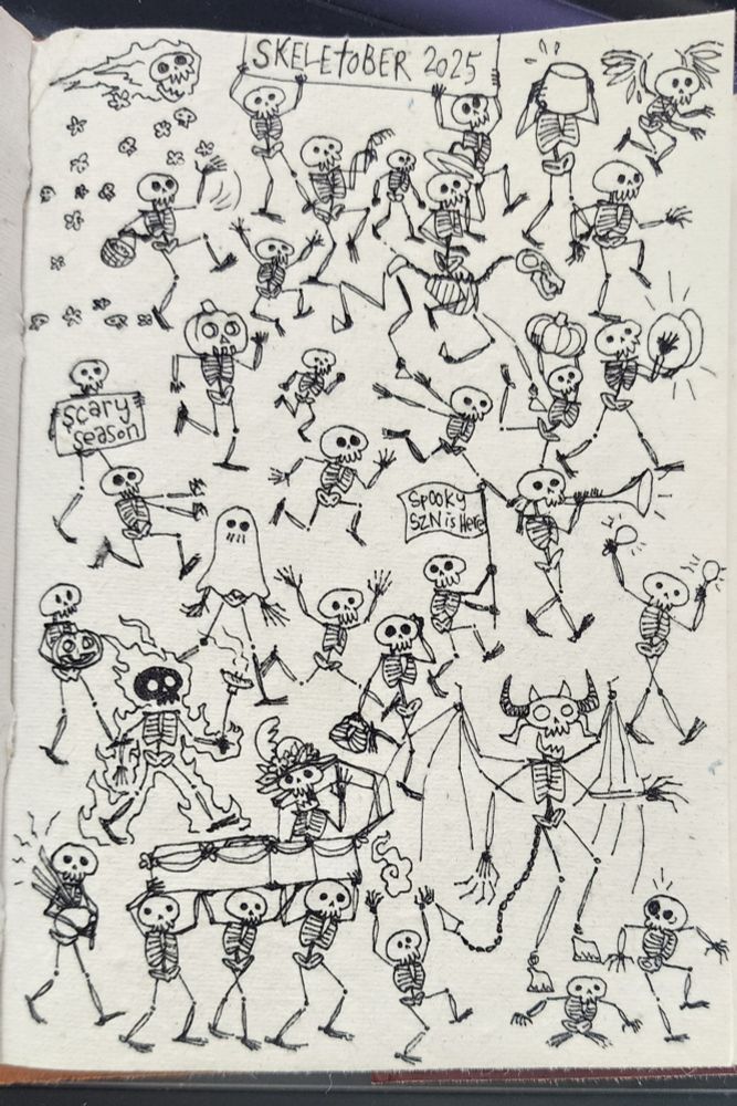 An assortment of skeletons performing various actions as they walk from left to right