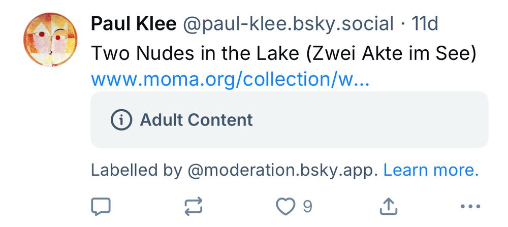 A screenshot of a skeet from an artbot account that posts the work of Paul Klee. The artwork can’t be seen because it is labelled as Adult Content.