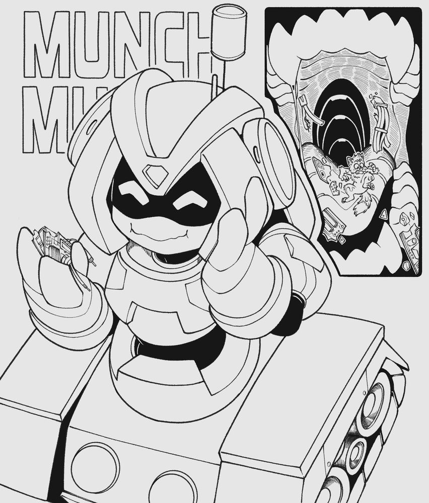 A monochrome digital drawing of Aurora, a feminine e-waste disposal bot with tank treads, snacking on a handful of old electronics. A panel zooms in to her mouth where a tiny @alpewolf.bsky.social on her synthetic tongue desperately tries to avoid being crunched between her teeth. Drawn by @emmacat64.bsky.social
