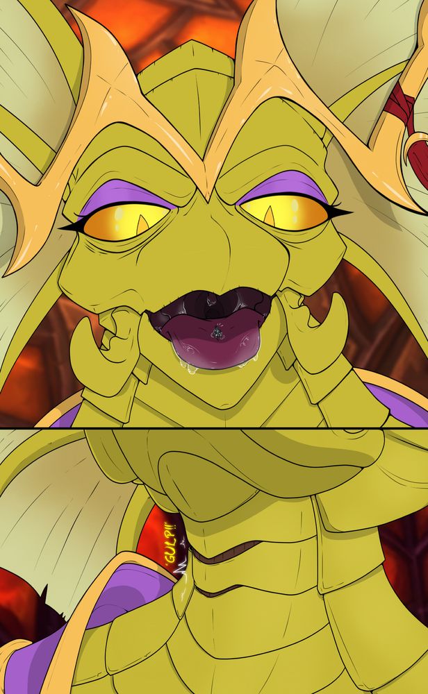 A two-part digital drawing of a regal mantid, Grand Empress Shek'zeer from World of Warcraft, swallowing a shrunken Stormwind footman. In the first panel, she looks down with a pleased expression as she has her mouth open, glistening with saliva, with a tiny human knight laying helplessly on her soft tongue. Cutting to the second panel zoomed into her neck, she tilts her head back and swallows with a "gulp", a small bulge traveling down her throat. The slight bulge causes the chitinous neck plates over her throat to segment and expose the soft flesh beneath them. Drawn by @codex19900.bsky.social