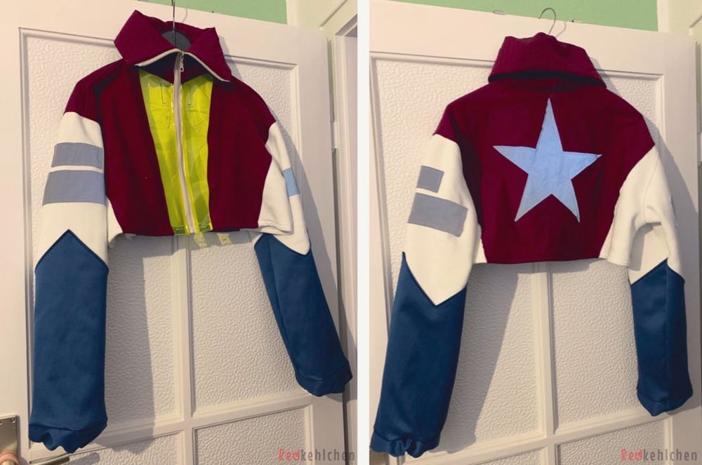 Two photos of a jacket for a Starscream cosplay.