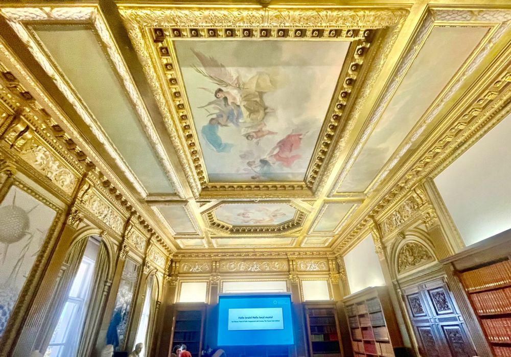 The Royal Society of London ornate hall and ceiling with a pre-slide showing the upcoming “Mama Brain” presentation 