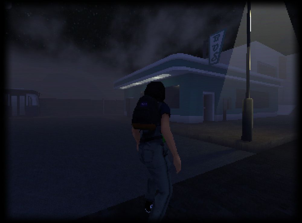 screenshot of a game in development. pictured is a character staring at a vacant bus station