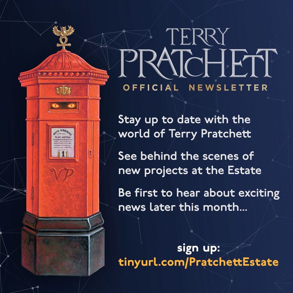 Illustration of a mailbox. Text reads: Terry Pratchett official newsletter. Stay up to date with the world of Terry Pratchett. See behind the scenes of new projects at the Estate. Be first to hear about exciting news later this month...