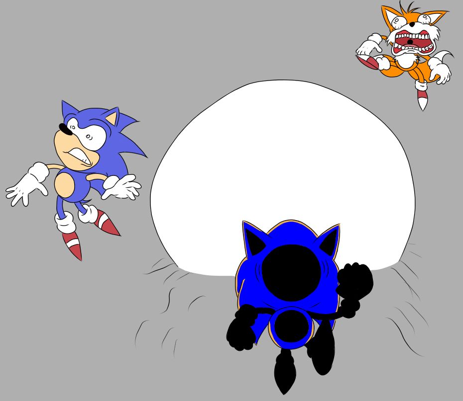END running from an exploding core, while Sonic and Tails get flung by the impact.