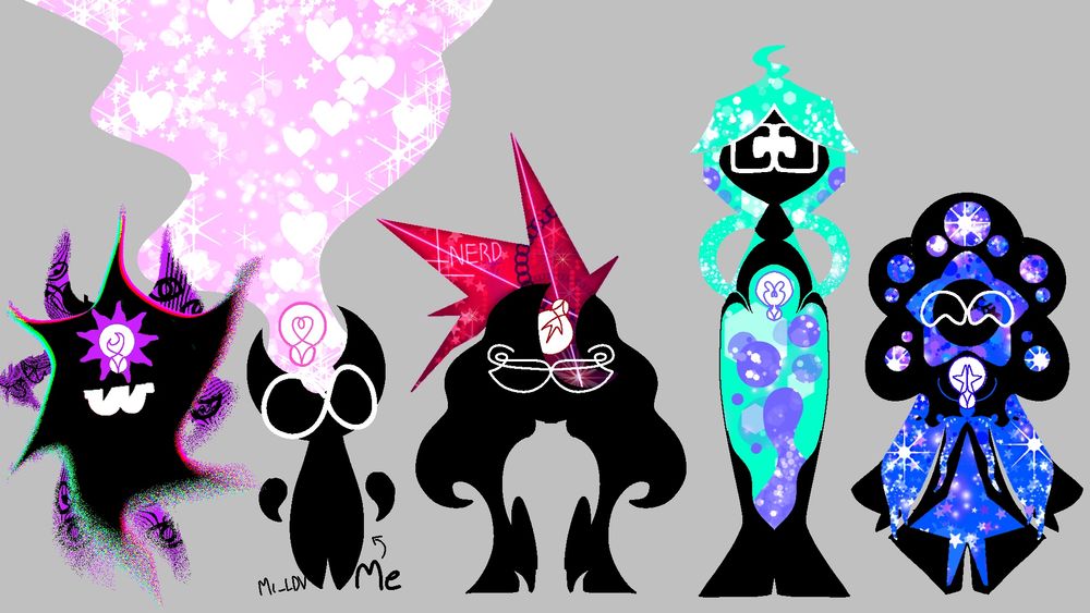 A drawing of me, my friends, and brother, all together in one drawing
My brother’s to the left
The pink one is me
The rest are my irl friends