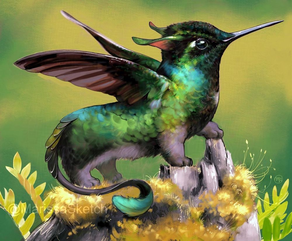 Digital illustration of a Talamanca hummingbird griffin with very shiny iridescent green, aqua blue, yellow, black, and brown feathers, long ears and tail ending in a large curled feather, and four short greyish legs and paws similar to a corgi's. It is standing in profile against a hazy yellow green background on an uneven grey tree stump covered with soft yellowish moss and leaves, and has one of its front paws lifted and resting on a raised piece of bark.