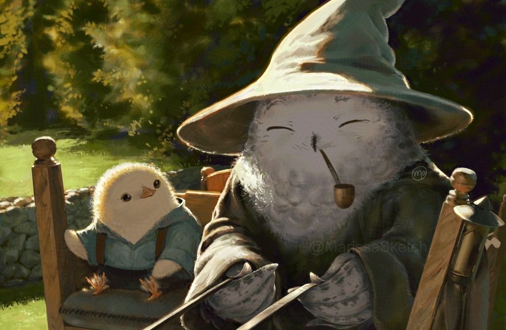 Digital illustration of a scene from Lord of the Rings with Frodo and Gandalf as birds. Gandalf, a snowy owl, is wearing a wizard hat and robes and is driving a wooden cart through the Shire. Frodo, a yellow baby chick, is seated next to Gandalf and is looking up at him.