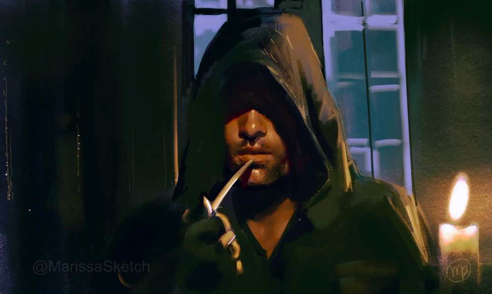 Digital painting study of Aragorn in a scene from LOTR: The Fellowship of the Ring. He is wearing a hooded cloak that covers the upper part of his face in shadow. He is illuminated by a small glowing candle and is holding a pipe up to his lips.