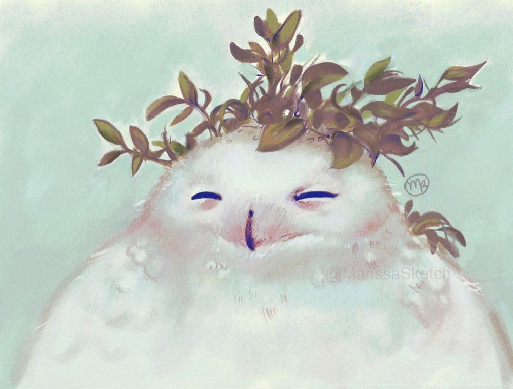 Digital illustration of an extremely round and fluffy Snowy Owl with its eyes closed. It is wearing a large wreath of purplish green leaves on its head.