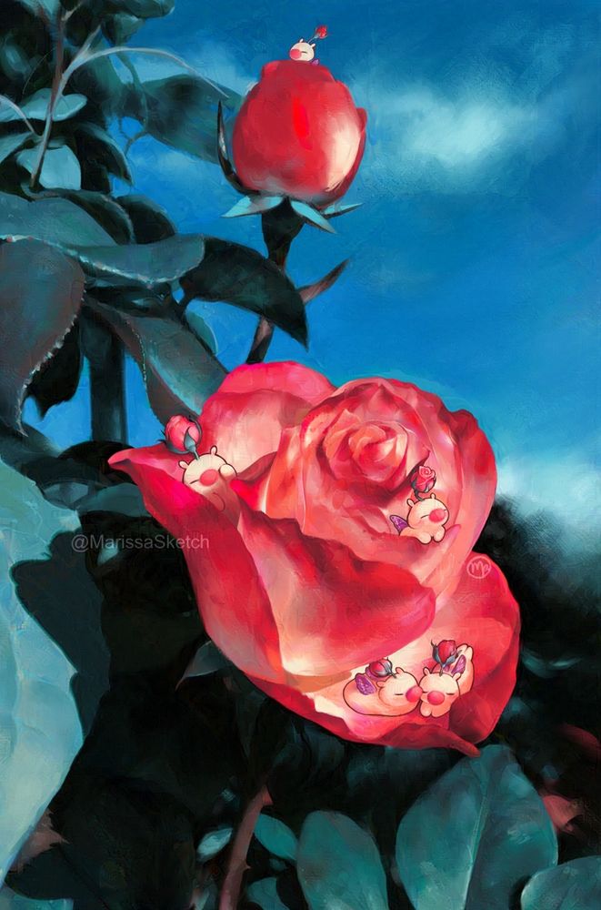 Digital illustration of five tiny moogles from the Final Fantasy and Kingdom Hearts video game series, but they have red rosebuds growing out of the tops of their heads and purple fairy wings. They are resting in the petals of two large pinkish red roses surrounded by green leaves against a blue sky.