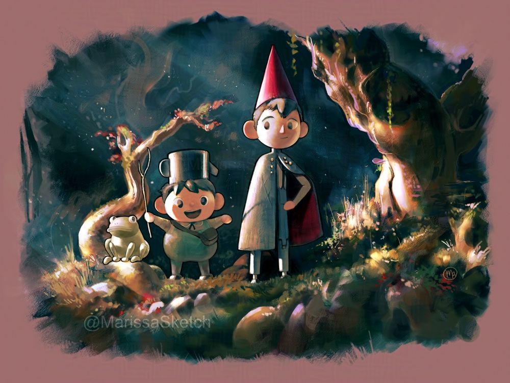 Digital painting of a scene from the Over the Garden Wall 10th anniversary stop motion short, showing a wooded area with winding trees and light beaming in from the side. The ground is covered with yellowish green grass, multicolored flowers, and smooth stones. On the left Jason Funderburker the frog is sitting on the trunk of a small tree. Next to him is Greg, a small round boy wearing short green overalls and an upside down teapot on his head, who is smiling widely and holding up a small stick. To the right is Wirt, a tall teenage boy wearing a red cone shaped hat and blue cape with his hand on his hip, looking back at Greg.
