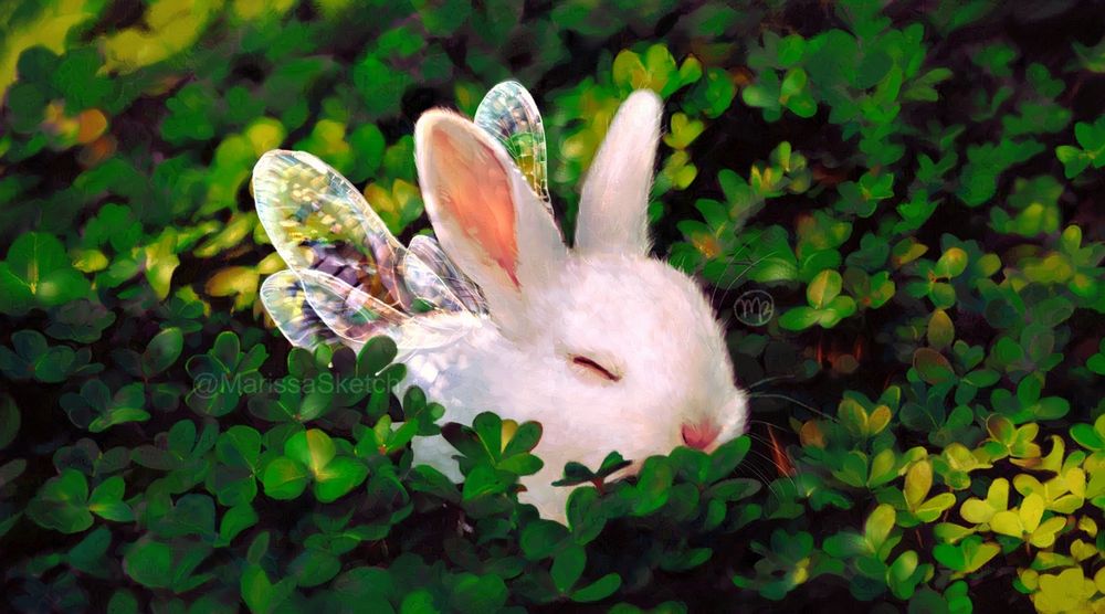 Digital painting of a little white rabbit with transparent iridescent fairy wings sleeping in a patch of green clover.