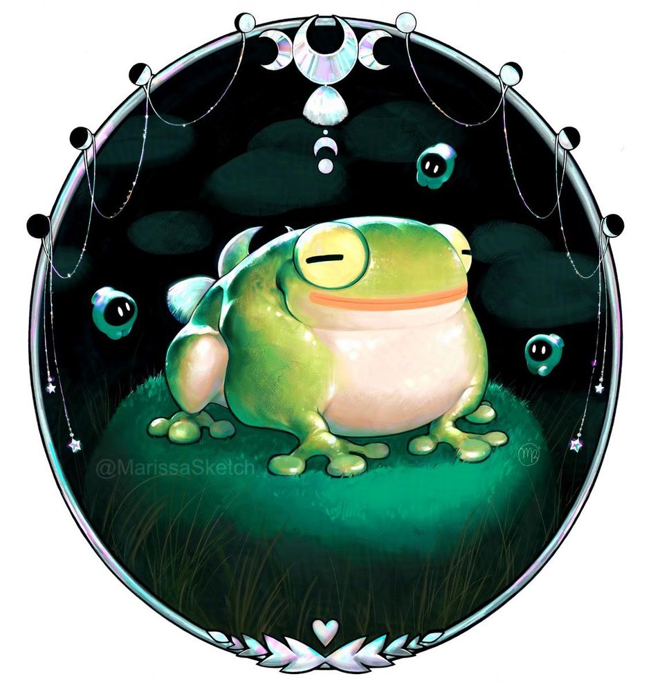 Digital illustration of Frinos from the video game Hades 2. Frinos, a large squishy looking green frog with a white stomach, yellow eyes, and an orange mouth, is sitting on a mossy rock with similar rocks in the background and some grass in the foreground. He is surrounded by three small floating green shades who are all looking at him inquisitively. He looks very relaxed and content. The scene is framed by a oval shaped border decorated with silvery opalescent details including the 8 phases of the moon, a moon themed ornament inspired by the ones worn by Frinos and Melinoë, thin threads draped down the sides of the frame that end in little stars, and at the bottom a little heart and Melinoe's laurel wreath.