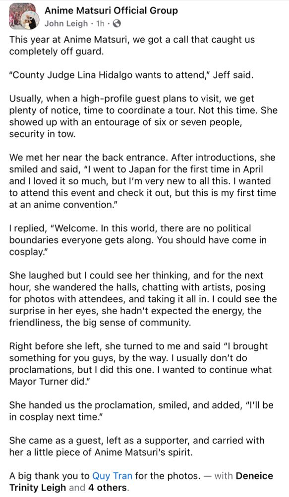 Facebook post from John Leigh: This year at Anime Matsuri, we got a call that caught us completely off guard. 