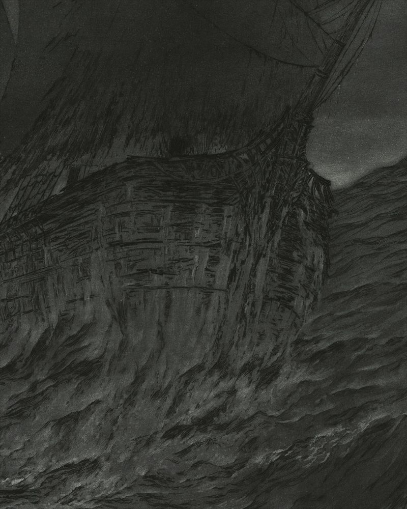 Front of the ship. Mostly line etching with the brighter parts burnished in the gaps.