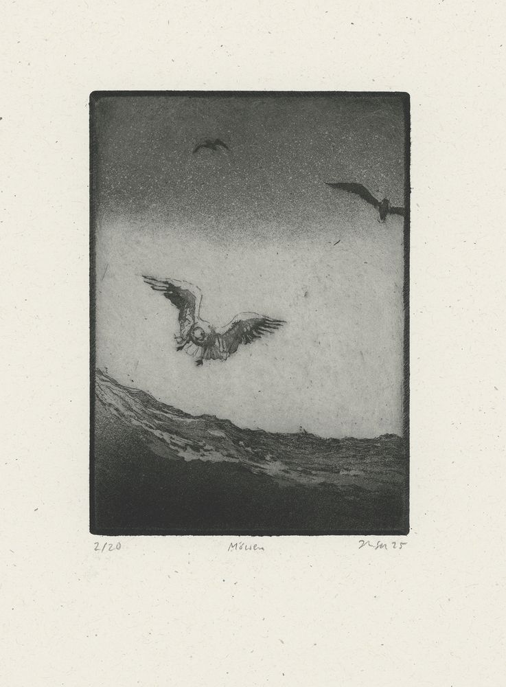 Etching print of seagulls flying over water in moody weather