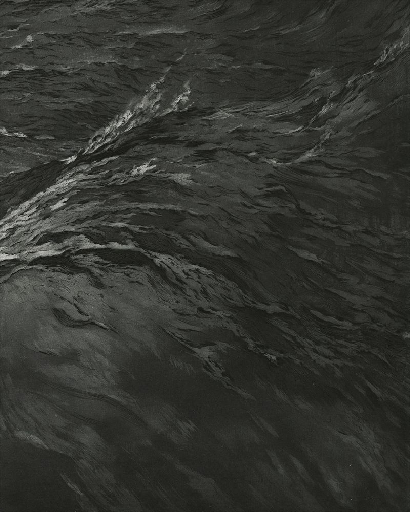 Wave in the front. A mix of expressive aquatint brush strokes and lines which were etched afterwards to accentuate the more contrasty bits.
