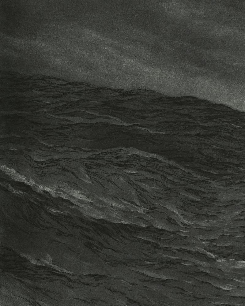 Background waves. Line-etching over aquatint plains of different values.