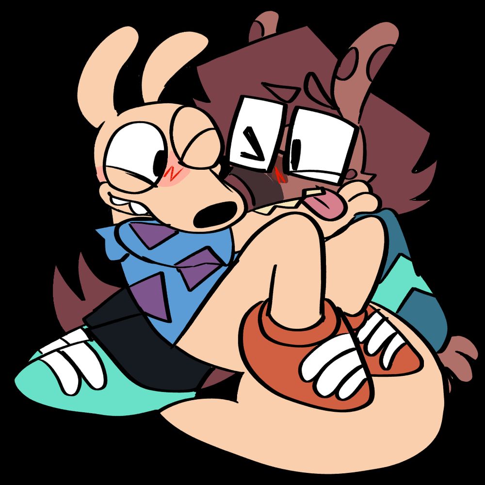 a drawing of Rocko Rama sitting in Max Hardy's lap as they both smile
