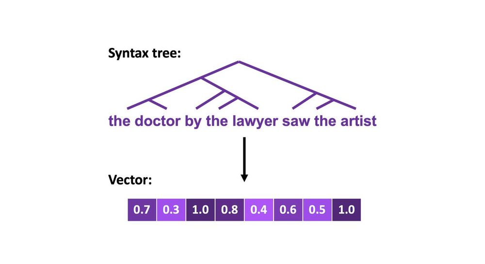 Top: syntax tree for the sentence "the doctor by the lawyer saw the artist"
Bottom: a continuous vector