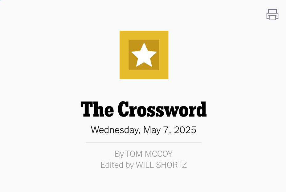 Screenshot of the New York Times crossword page, saying "The Crossword. Wednesday, May 7, 2025. By Tom McCoy. Edited by Will Shortz."