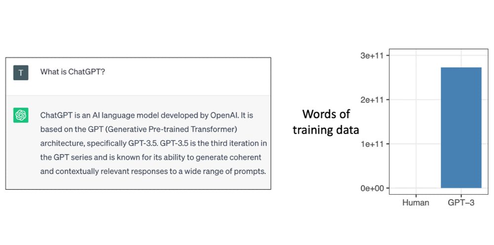 Left: A screenshot of ChatGPT describing itself as an AI language model developed by OpenAI. Right: A bar chart comparing the quantity of text seen by human children vs. GPT-3. The bar for GPT-3 is far higher than for humans, showing that neural networks get far more linguistic data than humans do.