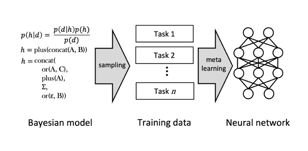 A schematic diagram of our procedure. We start with a Bayesian model, here visualized with Bayes’ rule and some example grammatical rules that could be sampled from a Bayesian model’s prior. Then, we sample several tasks from that Bayesian model’s prior, which can serve as training data. Finally, we have a neural network meta-learn from these sampled tasks. The whole process is visualized, going from left to right as “Bayesian model’, then an arrow labeled “sampling”, then “training data”, then an arrow labeled “meta-learning”, and finally “neural network.”