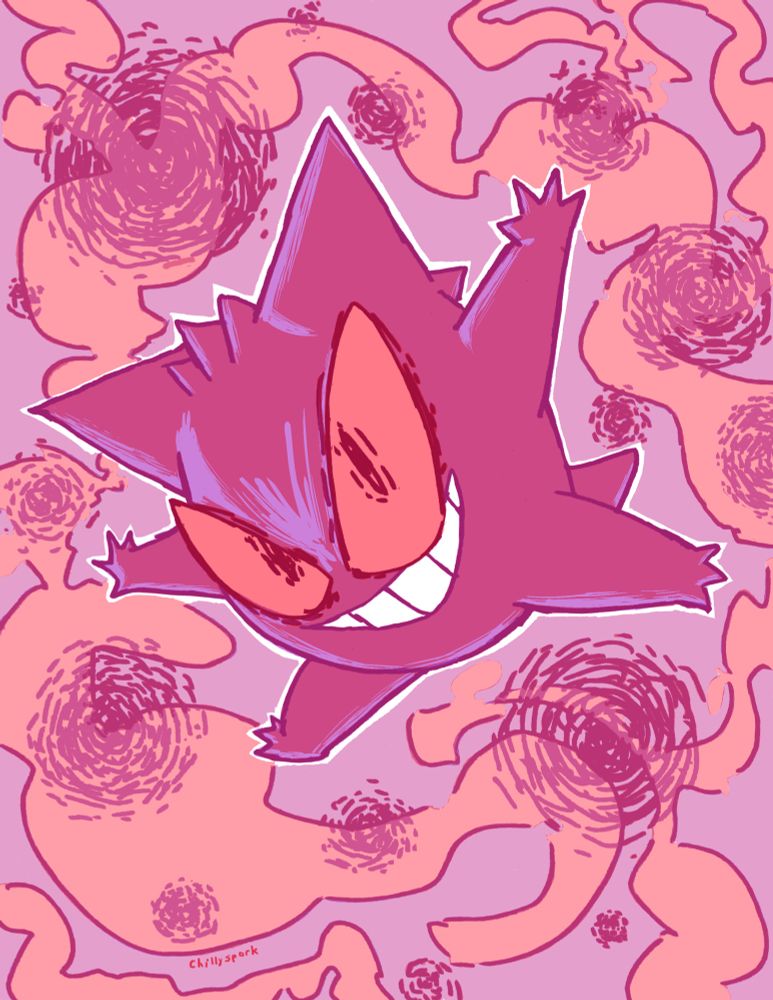 The Pokemon Gengar, floating in the air surrounded by sketchy dark orbs and red wisps of mist. He is looking towards the viewer 