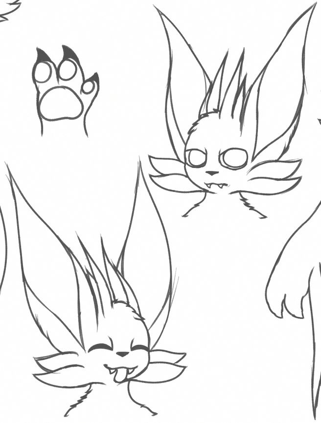 two headshots of a spirit OC, Wavelight. one at the top right shows them looking to the right, as if they are annoyed. the one at the bottom left shows them with their eyes closed, sticking their tongue out. a disembodied hand is at the top left, showing off their pawpads and claws.