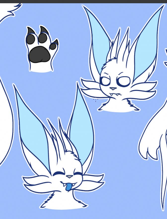 two headshots of a spirit OC, Wavelight. one at the top right shows them looking to the right, as if they are annoyed. the one at the bottom left shows them with their eyes closed, sticking their tongue out. a disembodied hand is at the top left, showing off their pawpads and claws. 