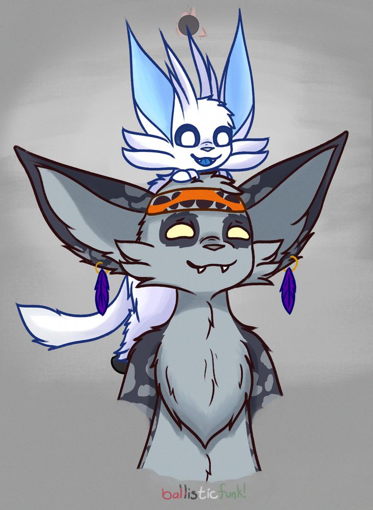 Kimi the spotted moki looks upwards as her adoptive child, Wavelight the spirit, hangs onto her head for a piggyback ride of sorts. Both characters are smiling, with Wavelight in particular looking quite happy. 