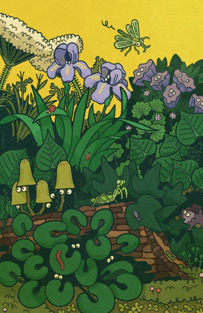 An illustration full of details with yellow and green colors featuring some orange and purple spots. It's full of flowers with eyes and little creatures hiding in the plants. Animals from top to bottom. An antlion flying over purple irises and other flowers. Two lady bugs hanging out on the irises leaves (the one at the bottom is peeing). A mantis on top of a rotting trunk looking at a little beetle on top of an ivy leaf. A red millipede on top of some kidney-shaped leaves.