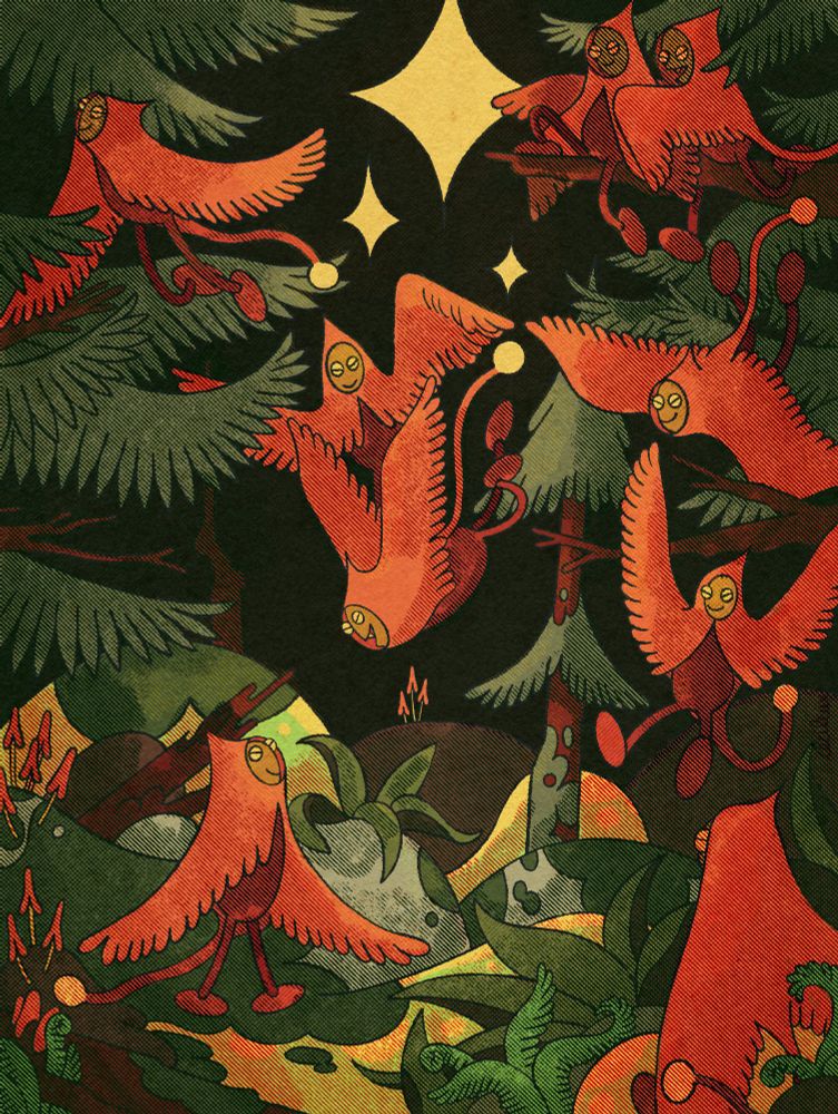 An illustration containing multiple bipedal feathered creatures in the night. The colors are warm : red, green, orange, yellow. The creatures have a face with slanted eyes and a mouth with pointy teeth inside. A yellow tailed pointy hood is on top of their head. It's divided in two at their chest and becomes feathered at their arms. The body under the hood is red. The background of is occupied by rocks covered in moss, mushrooms, ferns and other plants. Pine trees growing in between those. In total, 9 creatures. Two at the bottom : one walking on the left, one sitting on the right. Over them, 4 flying down. The one in the center faces the one walking. Another on the right is landing, two others are behing the ones landing. On top left, one flying towards a pine, on the right, two of them sitting together and watching the scene below. At the center of the illustration, three yellow stars. Two small ones and a big one in the middle of them.