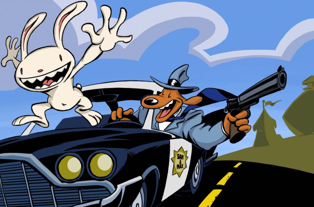 Max, a hyper-kinetic rabbity thing, rides the hood of a 1959 Desoto Adventurer, driven by Sam, a anthropomorphic cartoon dog, who is waving a large revolver out the car window.