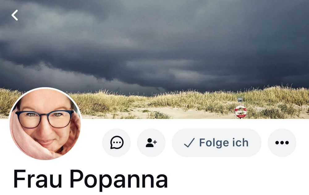 Screenshot von Frau Popannas Profil mit Header (Dünenlandschaft mit Gewitterhimmel), Profilbild und Icons für DM, Folgen etc.