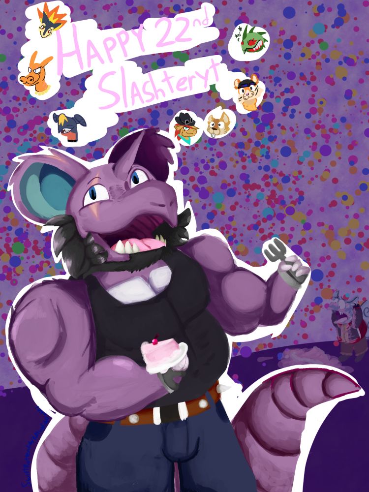 Anthropomorphic Nidoking with various friends and an anthropomorphic Wartortle crying over spilt cake 