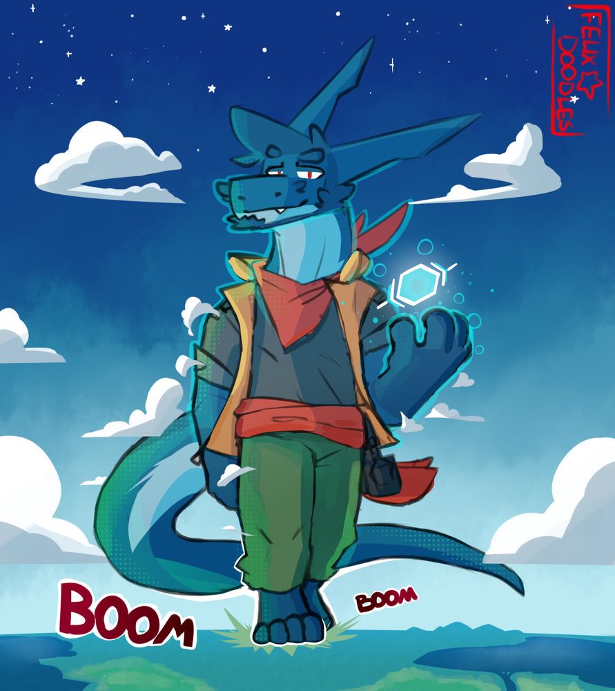 On the horizon a giant dragon approaches with titanic footsteps, he smirks as he looms in front of a vast background that ranges from a normal sky to the star filled vacuum.