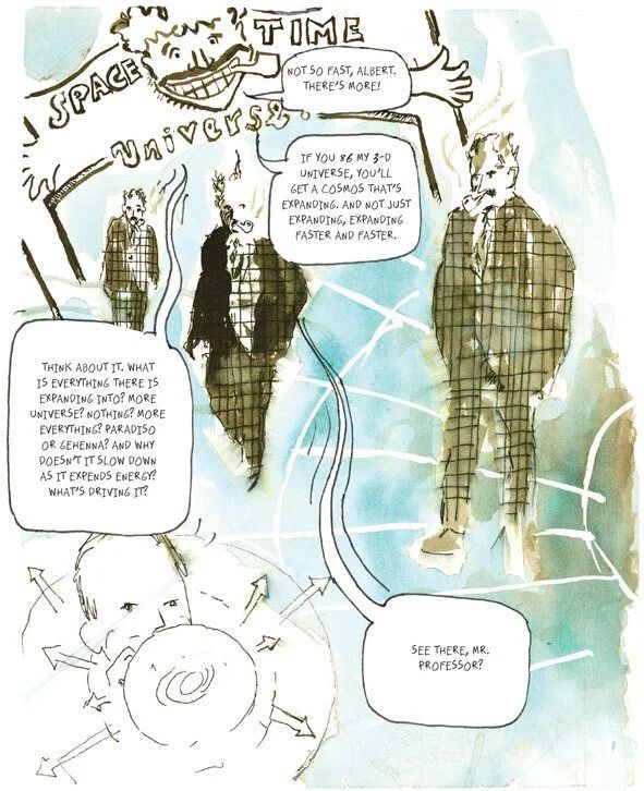 Image from Ken Krimstein, Einstein in Kafkaland (I think; don't remember it from the book actually)

https://www.kenkrimstein.com/einstein-in-kafkaland