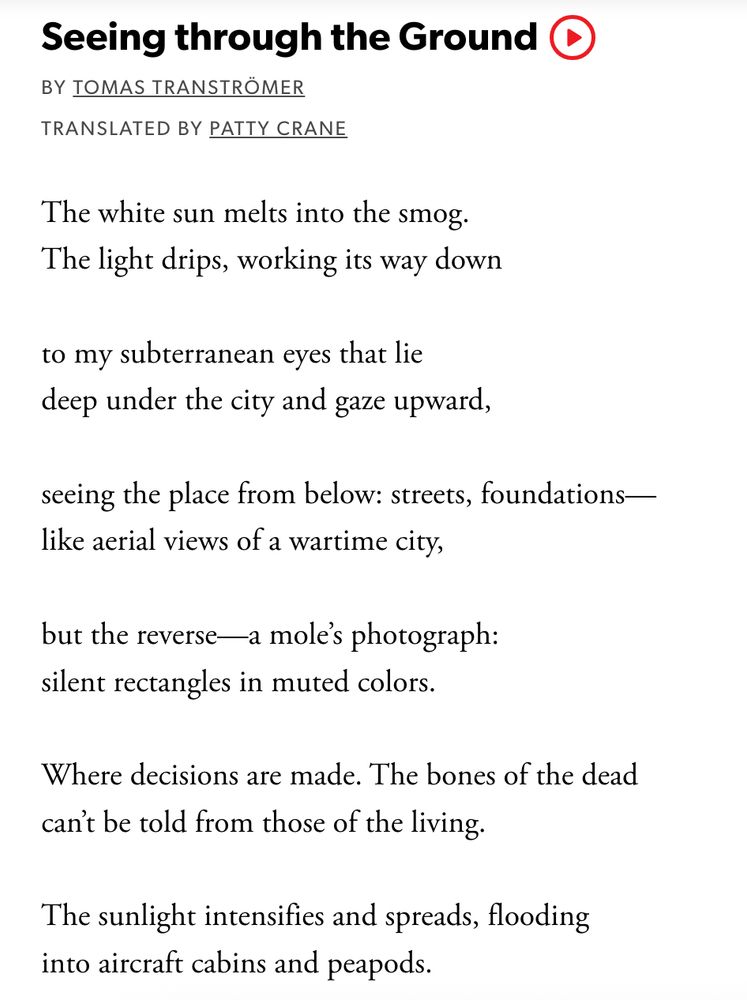 Seeing through the Ground

By Tomas Tranströmer
Translated By Patty Crane

The white sun melts into the smog.
The light drips, working its way down

to my subterranean eyes that lie
deep under the city and gaze upward,

seeing the place from below: streets, foundations—
like aerial views of a wartime city,

but the reverse—a mole’s photograph:
silent rectangles in muted colors.

Where decisions are made. The bones of the dead
can’t be told from those of the living.

The sunlight intensifies and spreads, flooding
into aircraft cabins and peapods.