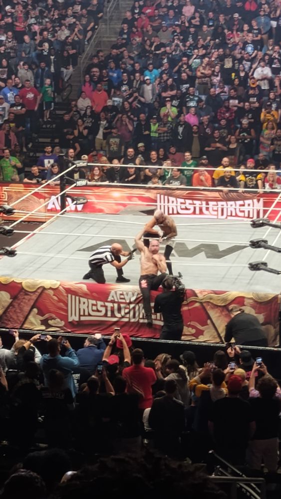 View of Darby Allin choking Jon Moxley from section 113, WrestleDream, St. Louis 10/18/25.