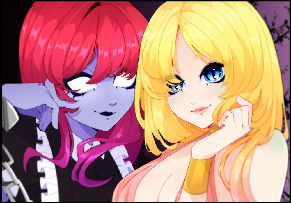 Headshot commission of a red-haired ghost maid and blonde haired naga. 