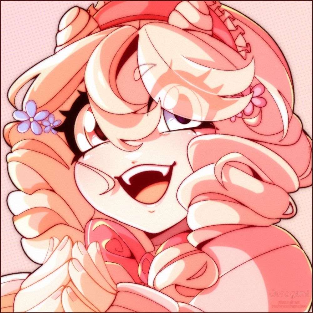 Illustrated icon of a cheerful pastel character. She has fluffy, voluminous curls in soft swirls of pale pink and peach, with lavender and light blue flower clips tucked in her hair. Her skin is a light peach tone with a warm blush across her cheeks and nose. She’s smiling widely, showing fangs, bright pastel eyes—one blue, one pink—and long lashes. Her hands are clasped just under her chin. She wears a giant red bow and a headband with lace trim. The image is shaded in a warm pink hue, with glowing highlights and a subtle dotted halftone background.